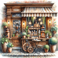 Fototapeta na wymiar Vintage Style Watercolor Illustration of Quaint Coffee Shop