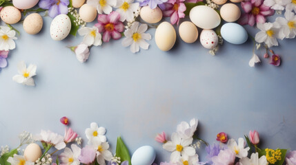 A creative Easter composition with a variety of eggs and an assortment of spring flowers on a blue background.