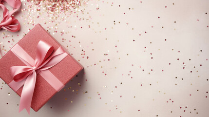 A shimmering pink gift box tied with a satin ribbon, surrounded by festive glitter and confetti on a neutral background.