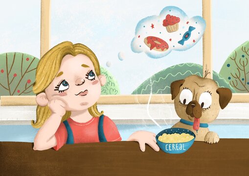A girl and a pug are wondering about a perfect breakfast