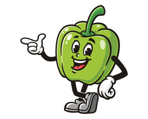 green Paprika bell pepper with pointing hands and relax pose cartoon mascot illustration character vector clip art logo hand drawn