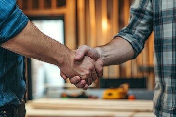 Home renovation agreement with home owner giving handshake with contractor.