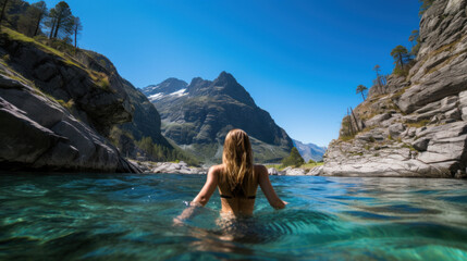 A woman relaxes in a natural hot spring with a stunning view of mountain peaks and clear blue skies.