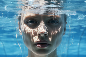 Close-up portrait of a young woman underwater in the pool