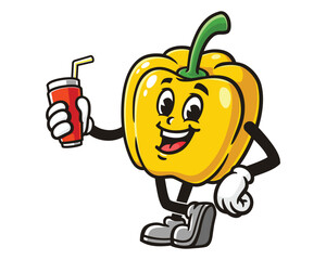 Paprika bell pepper with soft drink cartoon mascot illustration character vector clip art logo hand drawn