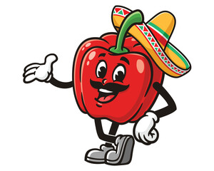 Paprika bell pepper wearing a sombrero, Mexican hat cartoon mascot illustration character vector clip art logo hand drawn