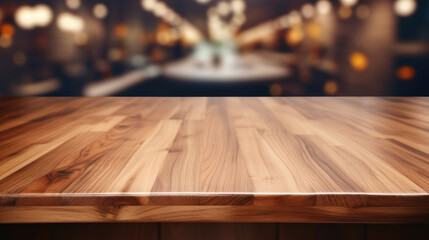 High-quality wooden table top with a warm, inviting blurred bar and bokeh light background. - obrazy, fototapety, plakaty