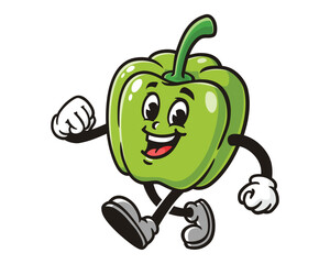 walking green Paprika bell pepper cartoon mascot illustration character vector clip art logo hand drawn