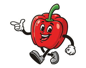 walking red Paprika bell pepper cartoon mascot illustration character vector clip art logo hand drawn
