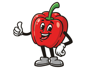 Paprika bell pepper with thumb up cartoon mascot illustration character vector clip art logo hand drawn