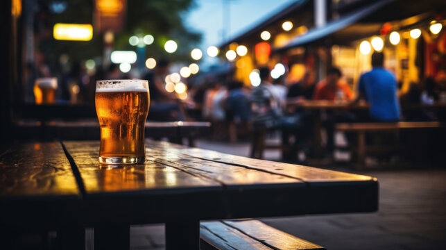 A refreshing pint of beer sits on a wooden table with a lively pub atmosphere and warm lighting in the background.