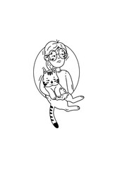 Cute girl with her grumpy cat