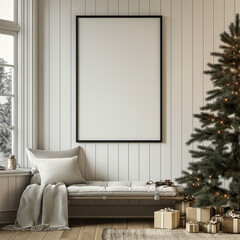 mockup empty, black vertical blank poster frame hanging on cream-colored shiplap wall next to a Christmas tree