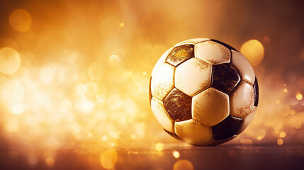 Fototapeta premium soccer ball in the net in the sunbeams. golden background