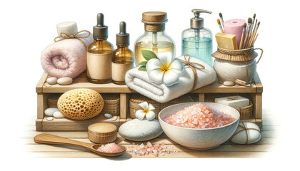 Obraz na płótnie Canvas Elegant Spa Wellness Items on Wooden Shelf