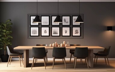 Modern dining room interior design with decorations and empty photo frames. generative ai