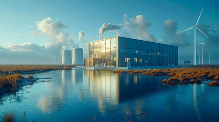 Power plant with wind turbines in the background - obrazy, fototapety, plakaty