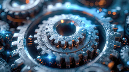 Close up of metal gear wheels, industrial background
