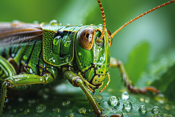 Close up of grasshopper on green leaf background. - Powered by Adobe