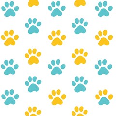 Fototapeta premium Blue and yellow cat paw print pattern.