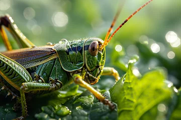 Foto op Plexiglas Close up of grasshopper on green leaf background. © wildarun
