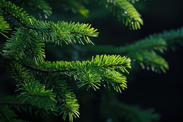 Green pine needles set against dark background. 