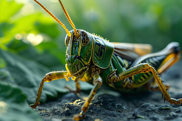 Close up of grasshopper on green leaf background.