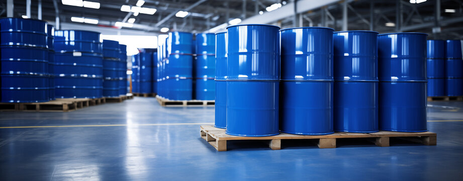 blue barrels on pallet in factory warehouse