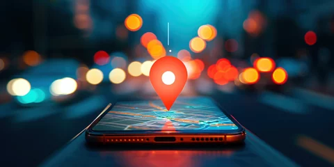 Foto op Plexiglas Smartphone with map icon. 3D Map pins, GPS, navigator pin checking points, 3D World Map icon, technology and application mobile smart phone with mobile, delivery tracking, transportation concept © Valeriia