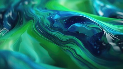 The close up of a glossy liquid surface abstract in cool blue and green colors with a soft focus. 3D illustration of exuberant. generative AI