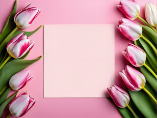 Blank paper adorned with spring tulips against a pink background, perfect for a Mother's Day greeting.
