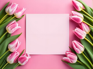Blank paper adorned with spring tulips against a pink background, perfect for a Mother's Day greeting.