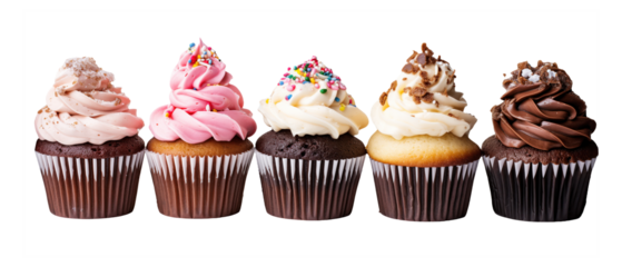 delicious frosted cupcakes in a row on transparent background