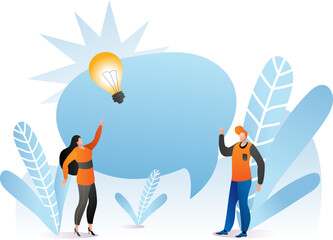 Two cartoon characters, a man and a woman, pointing at a light bulb idea. Creative teamwork and innovation conceptual vector illustration.