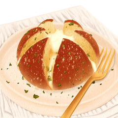 Korean cream cheese garlic bread on plate. Food Illustration.