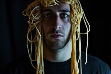 Man with noodles hanging on his ears. - obrazy, fototapety, plakaty