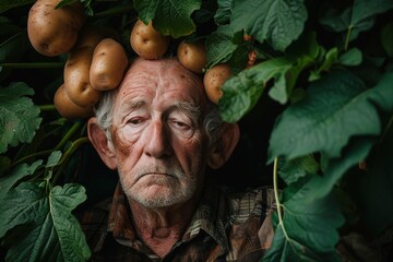 Man with growing potatoes in his ears. - obrazy, fototapety, plakaty