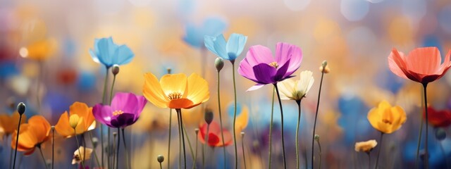 Wild flowers meadow field. Blur background. Shallow focus. banner