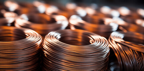 Copper wire in a factory, close-up of copper wire - obrazy, fototapety, plakaty