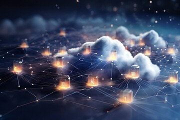 Explore the seamless world of cloud connection technology. Enhance business data communication, internet security, and data transfer with this captivating cloud computing concept image.