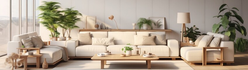 Modern interior of open space with design modular sofa, furniture, wooden coffee tables, plaid, pillows, tropical plants and elegant personal accessories in stylish home decor. Neutral living room.