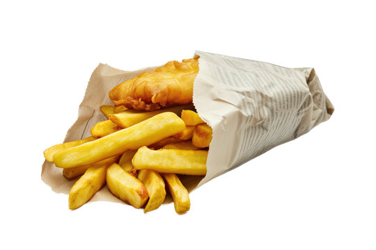 traditional english fish and chips in newspaper wrapping, on transparent background