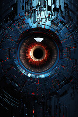 Obraz premium Programmed metal cyber electronic eye surveillance security with lights glares laser circuit, high technologies. Futuristic robotic human cyber electronic scanning eye digital vision vertical banner