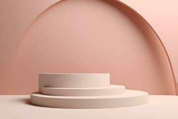 3d Rendering of Pastel Minimal Scene of White Blank Podium With Earth Tones Theme. Muted Saturated Color. Simple Geometric Shapes Design.