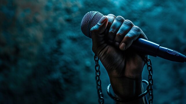 World press Freedom Day concept. Hand holding a microphone with chain on dark background, symbol of press freedom of speech freedom.