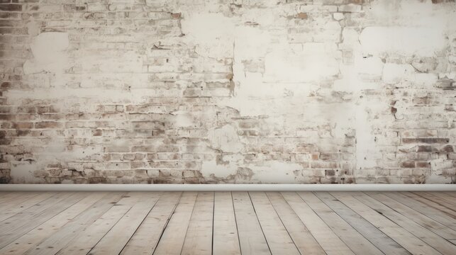 Old interior room with a broken white brick wall and grunge wood floor texture