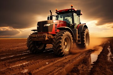 The tractor plowing the fertile soil, preparing it for planting season.
