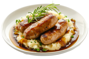 gourmet sausage and mash, bangers and mash on white plate
