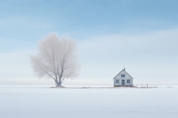 Minimal winter landscape captured in photography with a house