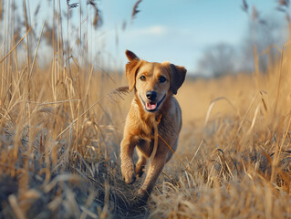 Active Dog Running Through Tall Grass in a Field